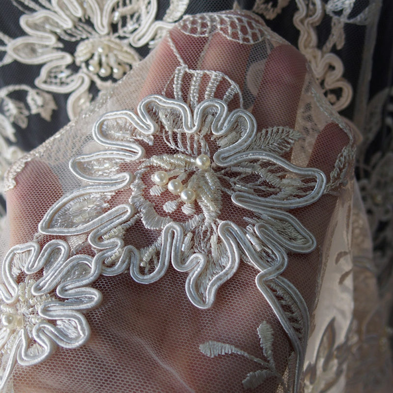 Off White Corded Bridal Lace Fabric Embroidered With Sequins Stones