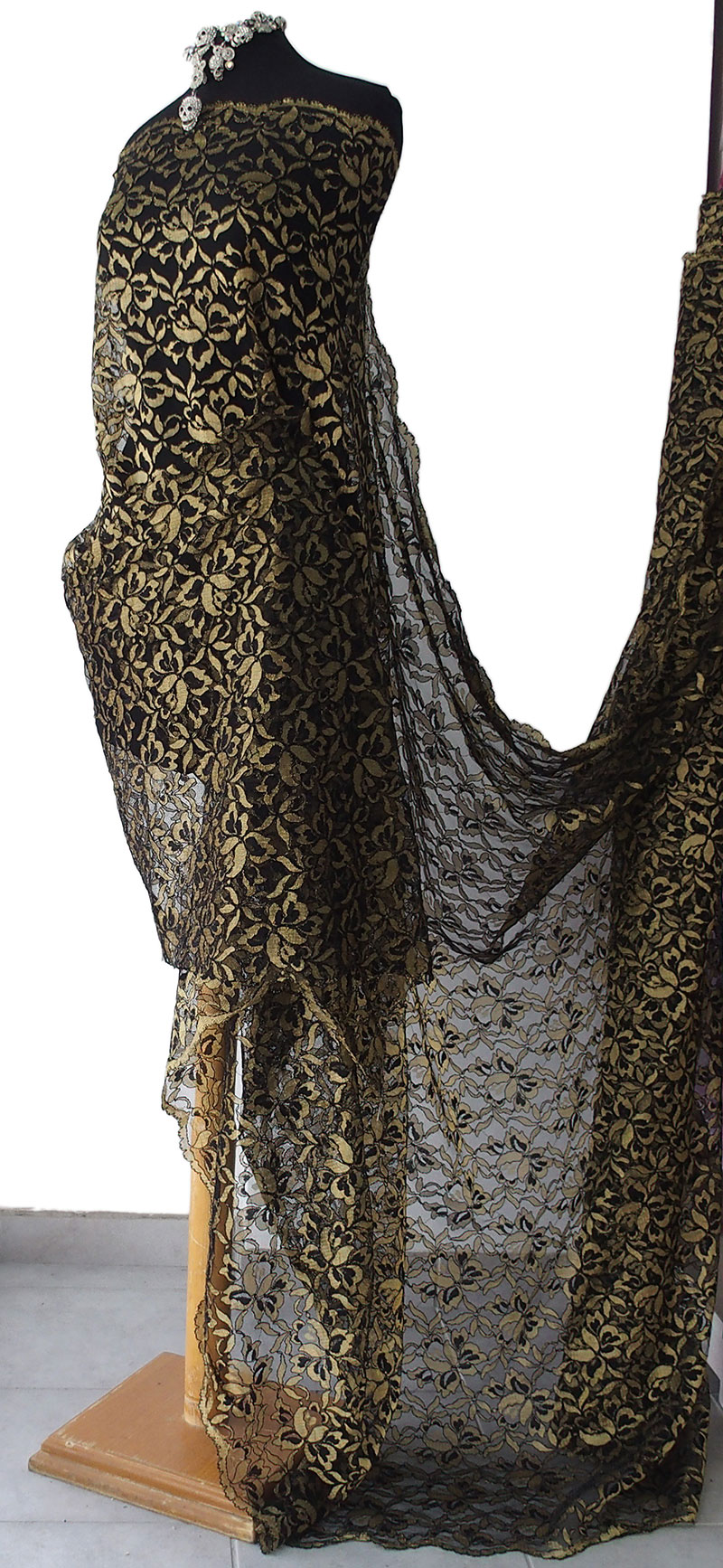 Black and gold lace fabric black lace with golden yellow floral