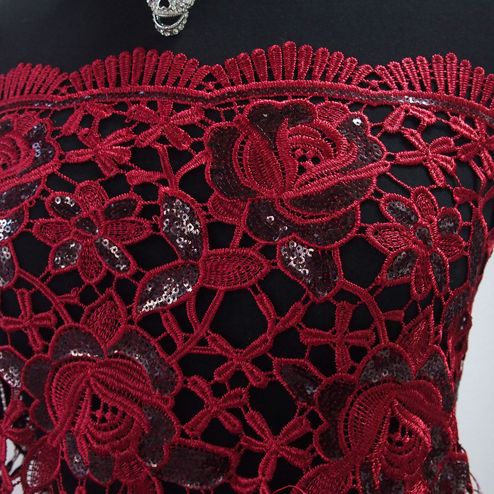 Burgundy red Guipure lace fabric with sequins floral embroidery