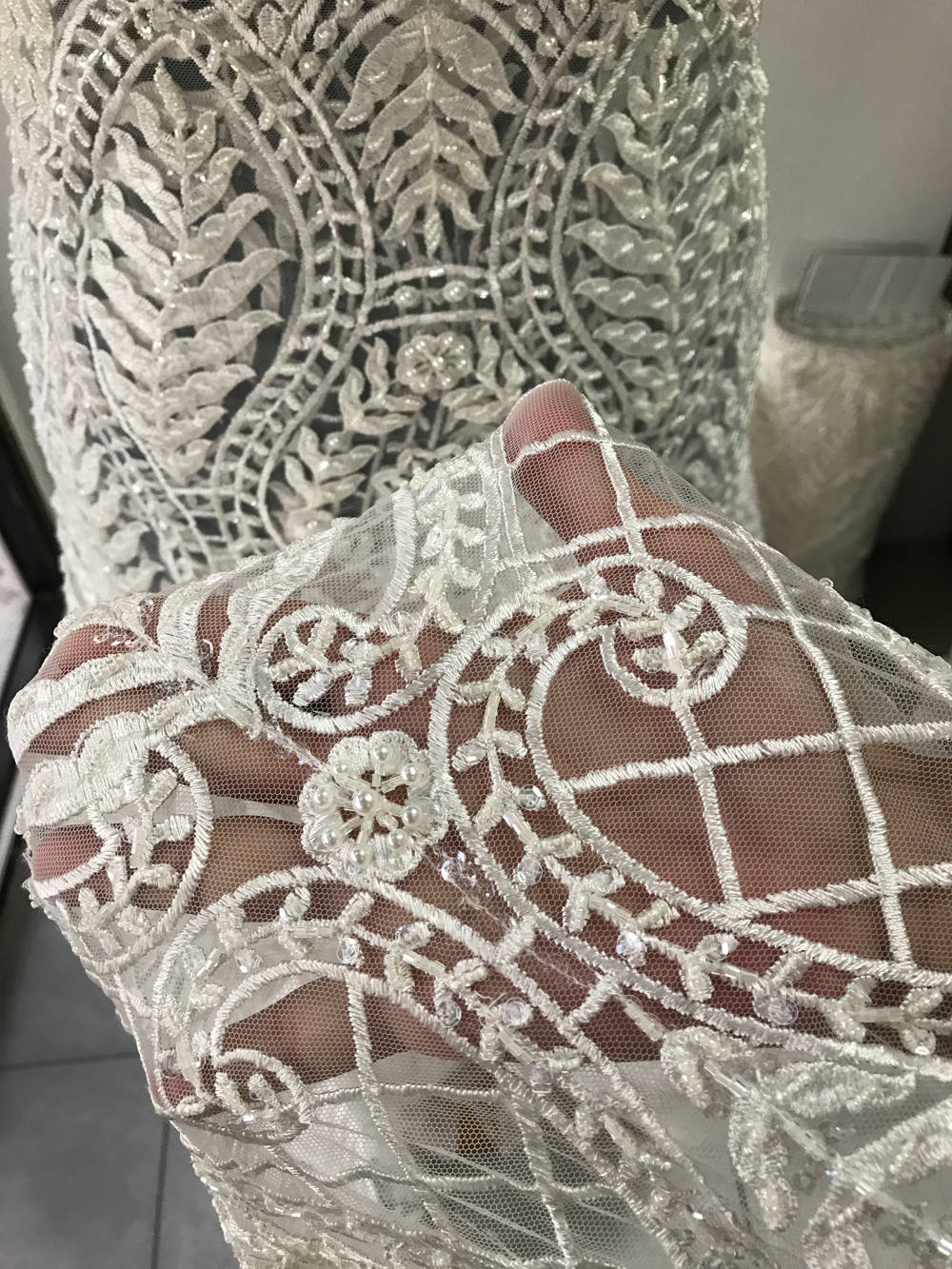 Off White Light Ivory bridal lace fabric embroidered beaded pearls sequins floral Baroque design, wedding dress scallop edge
