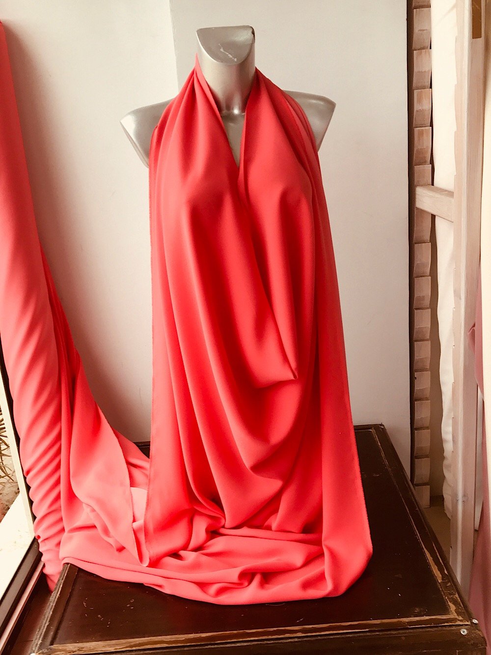 Coral Red stretch crepe fabric,  2 way stretch pebble crepe textured polyester spandex 150cm 60 inches