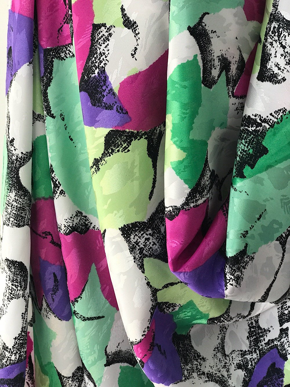 polyester print fabric jacquard base abstract print green purple pink white white 140cm wide