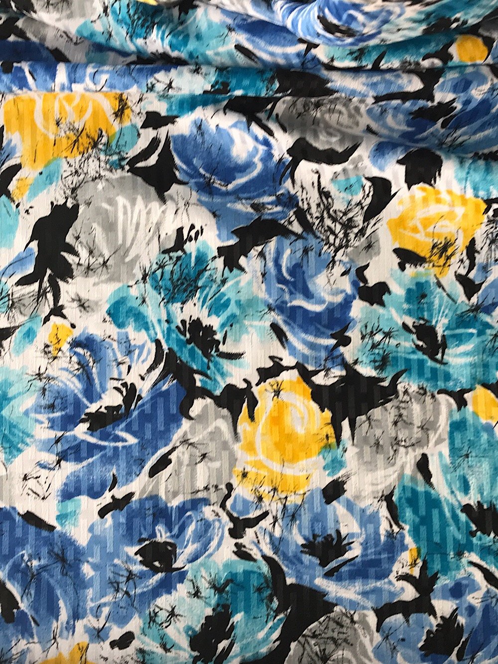 polyester print fabric for summer dress jacquard base floral print blue yellow white 140cm wide