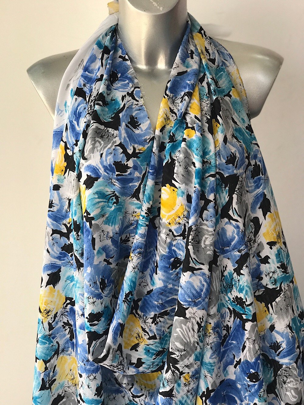 polyester print fabric for summer dress jacquard base floral print blue yellow white 140cm wide