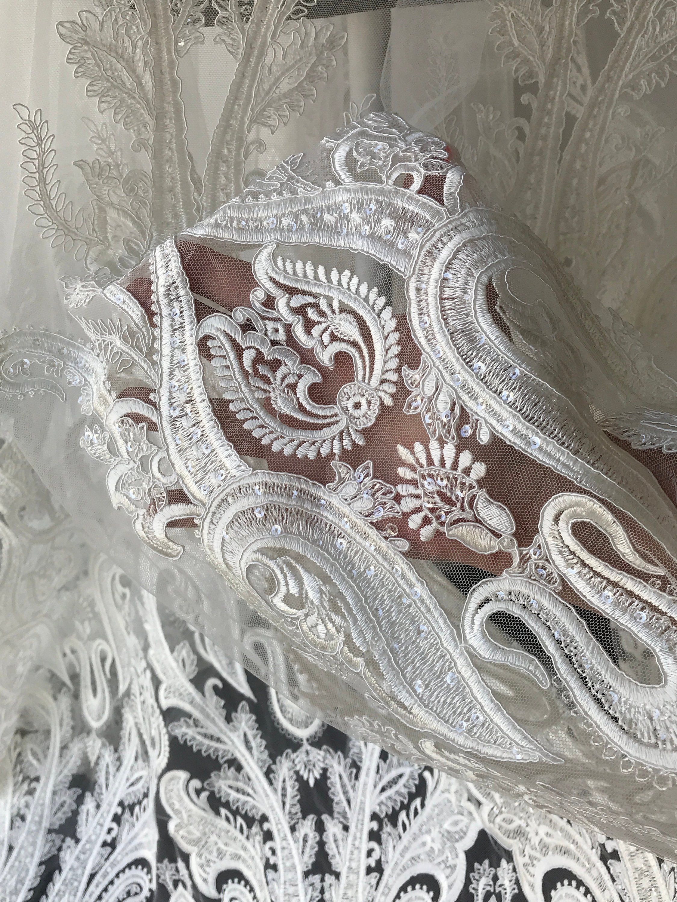 Off White Light Ivory corded bridal lace fabric with clear sequins embroidered Baroque design scallop edge wedding dress lace fabric