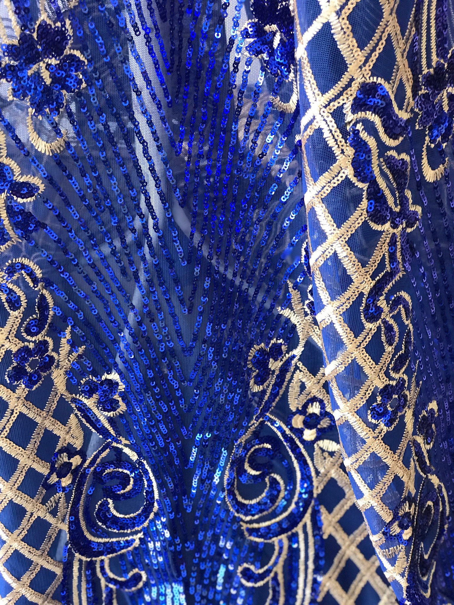 Gold on cobalt blue sequins lace fabric Baroque design evening