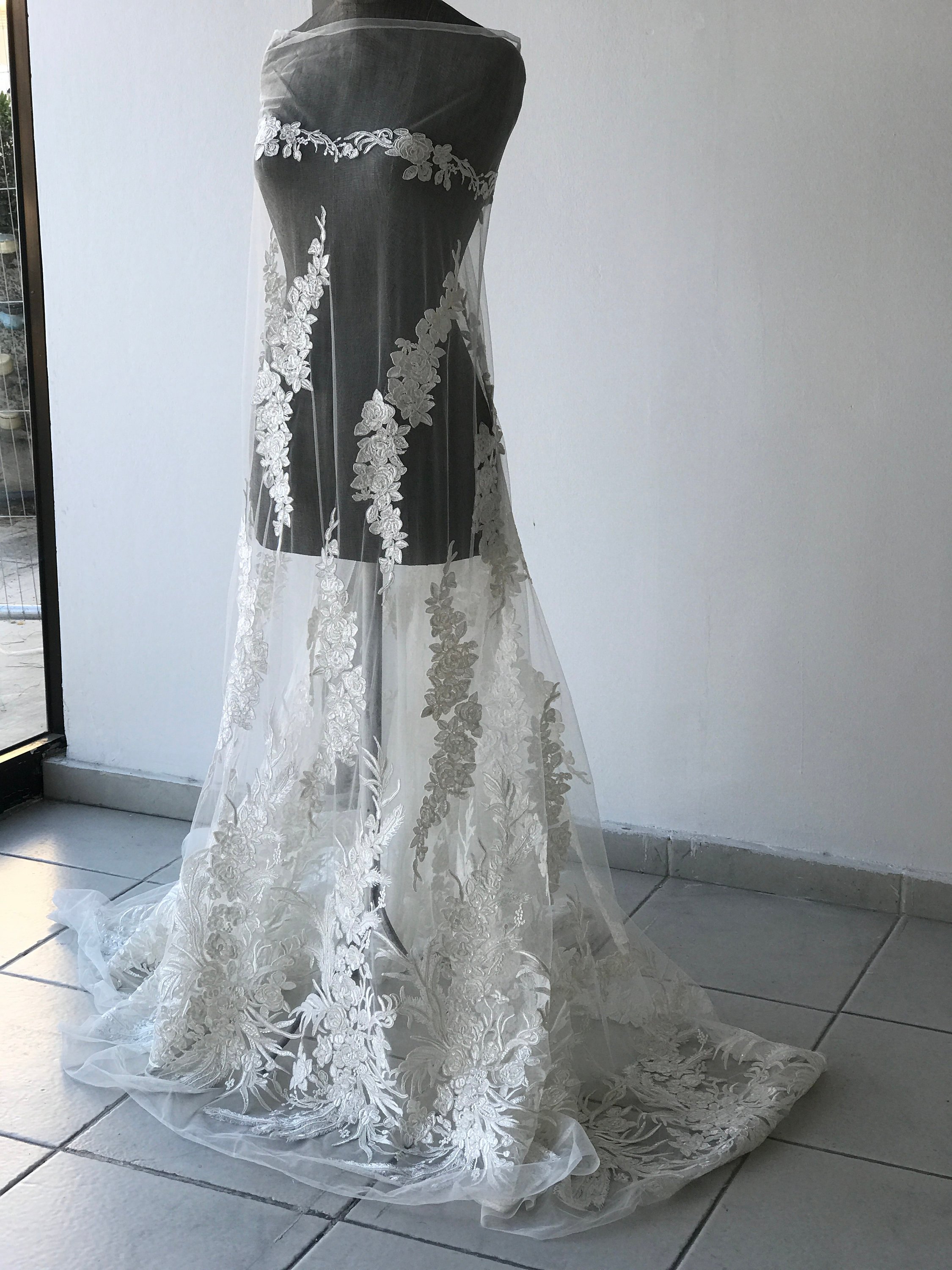 Off White Light Ivory bridal lace fabric corded with sequins floral  wedding dress lace