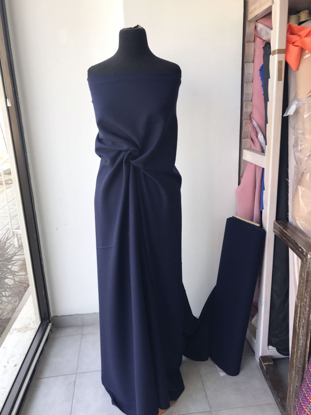 blue wool crepe fabric, dark navy blue, pebble crepe fabric made in UK skirt dress suit wool georgette