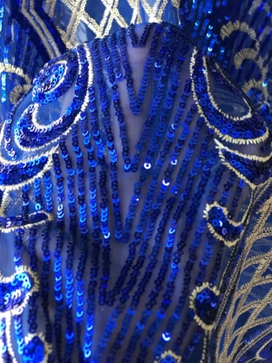 Gold on cobalt blue sequins lace fabric Baroque design evening dress bridal