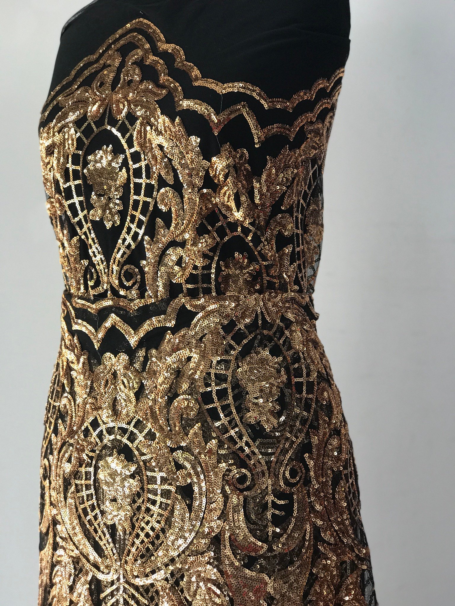 Damask lace, gold on black sequins lace, rose gold sequins on black tulle, Baroque design bridal