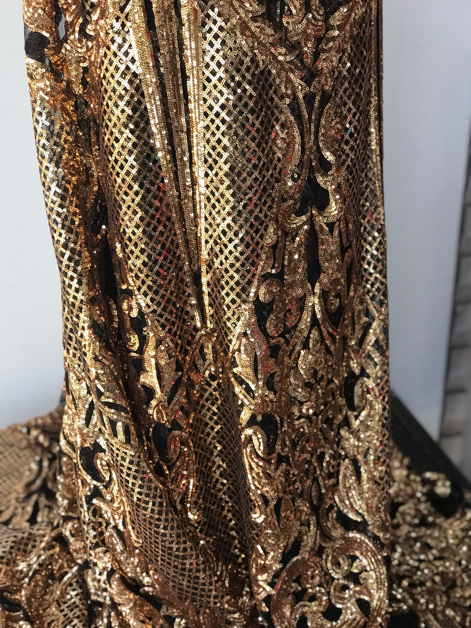 Damask lace, gold on black sequins lace, rose gold sequins on black tulle, Baroque design bridal