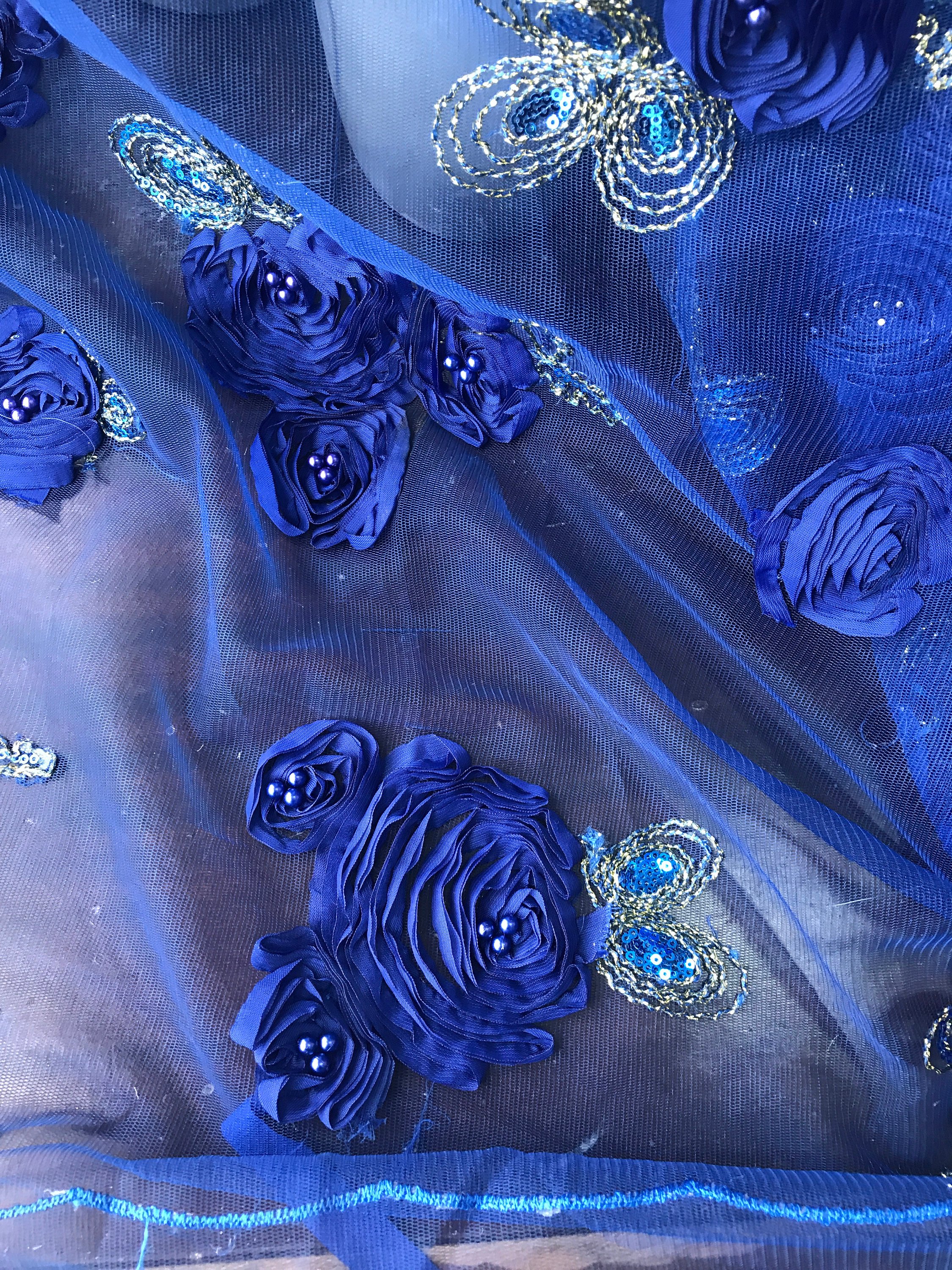Blue lace fabric 3D roses flowers embroidered sequins pearls scallop edge formal evening prom bridal, cobalt blue