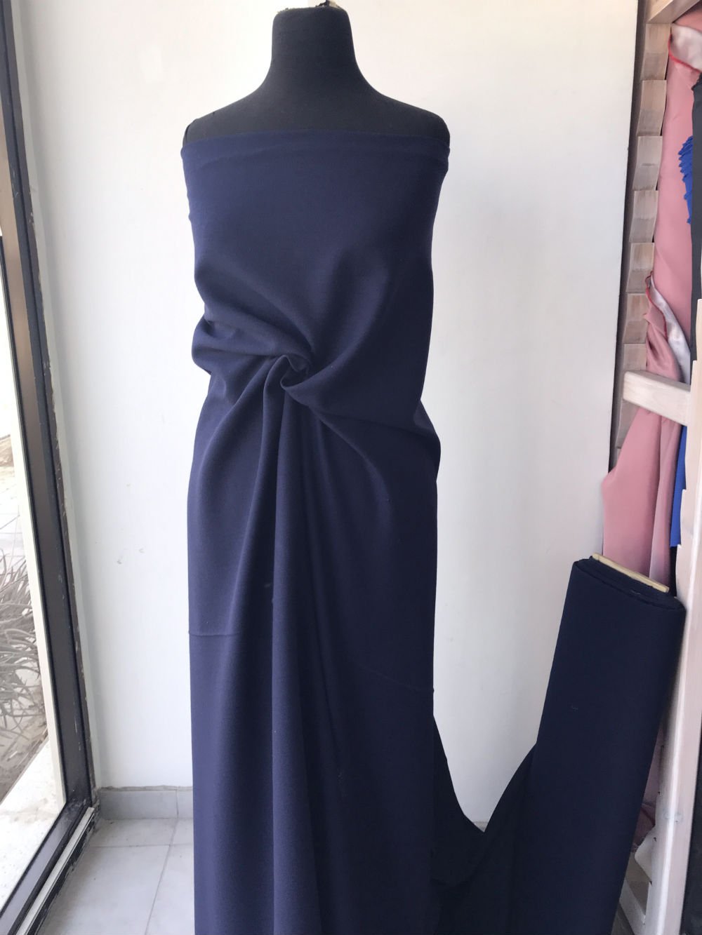 blue wool crepe fabric, dark navy blue, pebble crepe fabric made in UK skirt dress suit wool georgette
