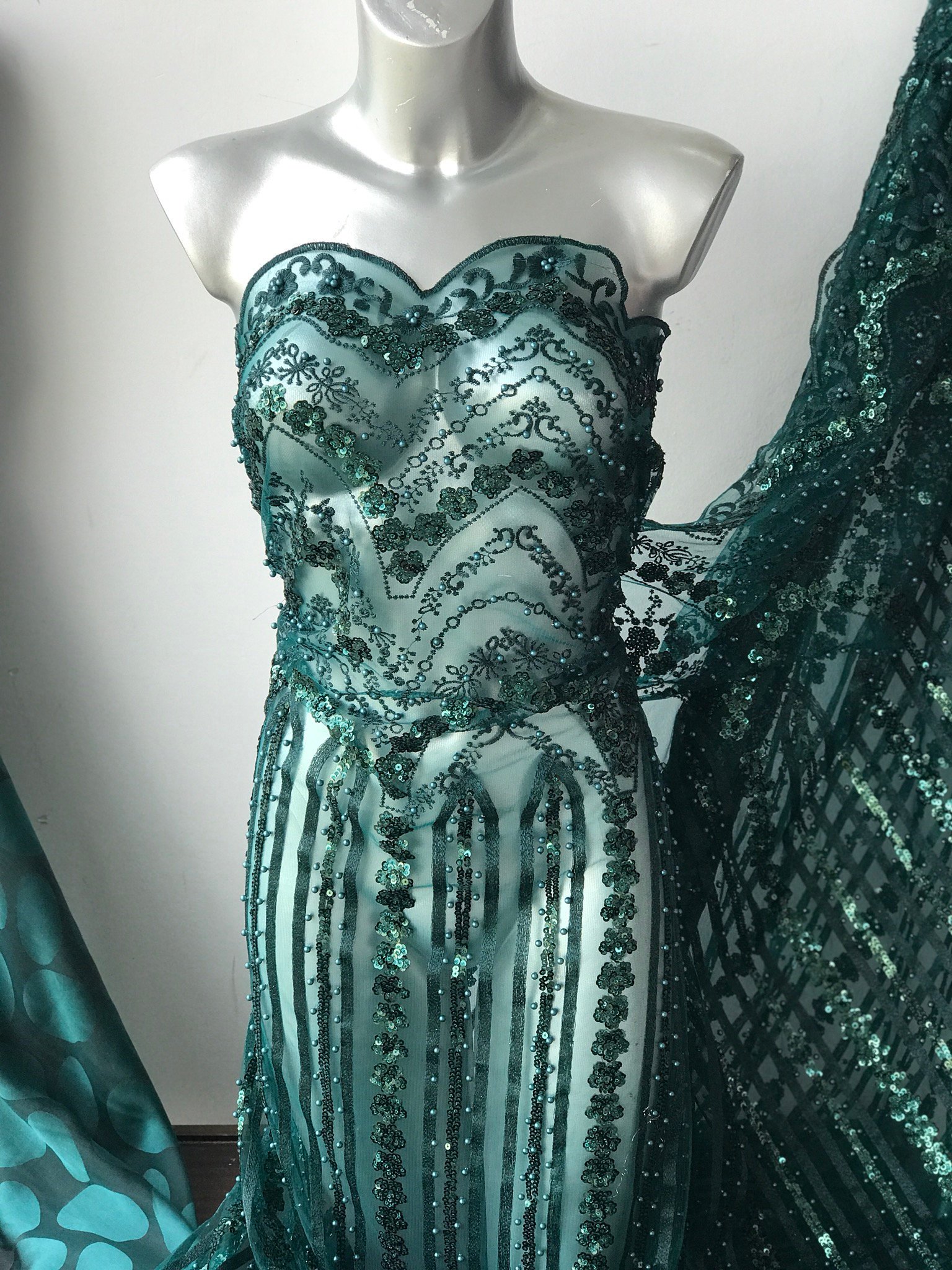 green beaded lace fabric