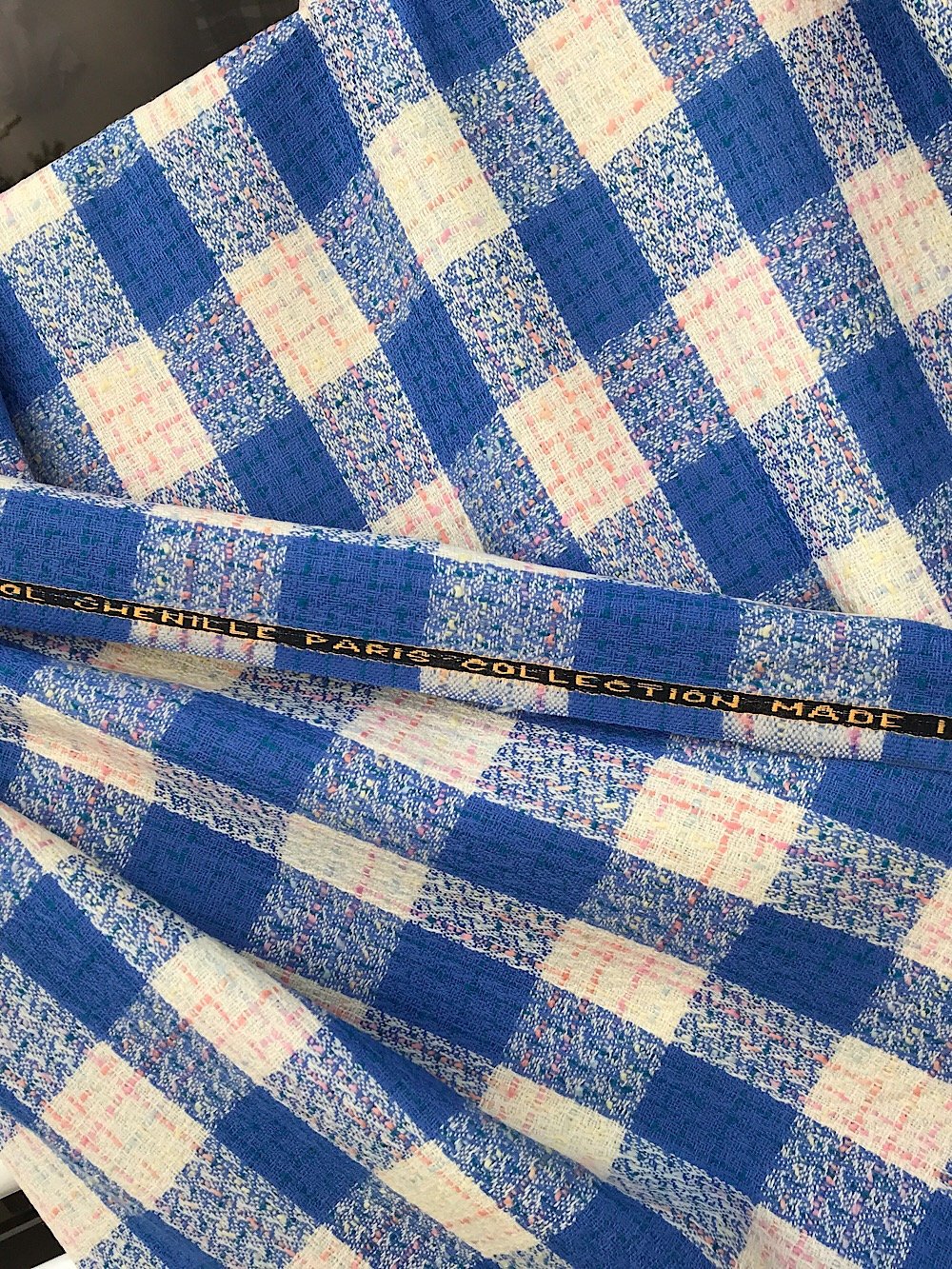 blue white pink large check wool fabric, tartan plaid, fancy wool suiting, skirt, jacket coat fabric pure wool