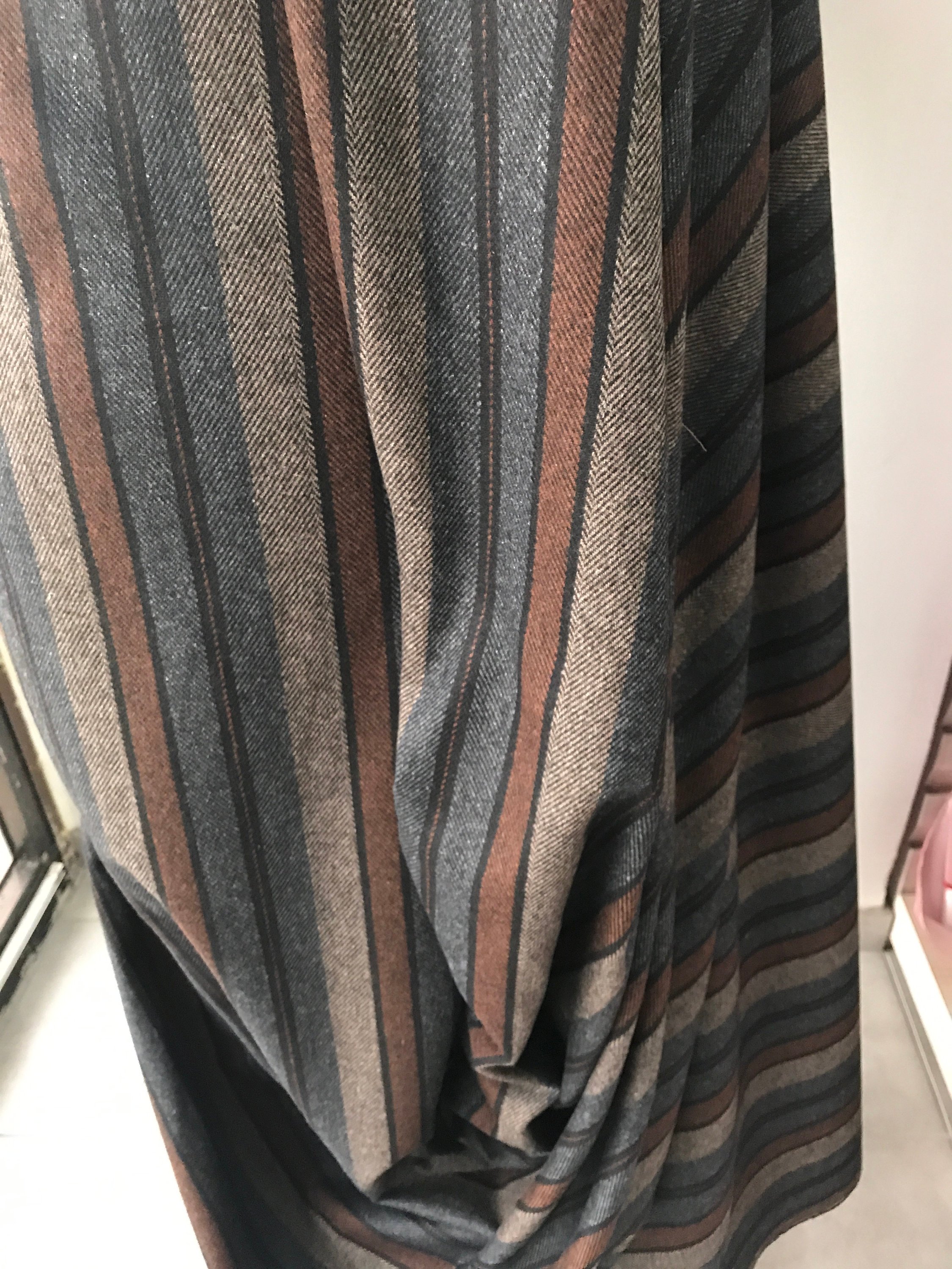 Grey brown stripe suiting fabric winter fabric wool mix wide stripes herring bone weave