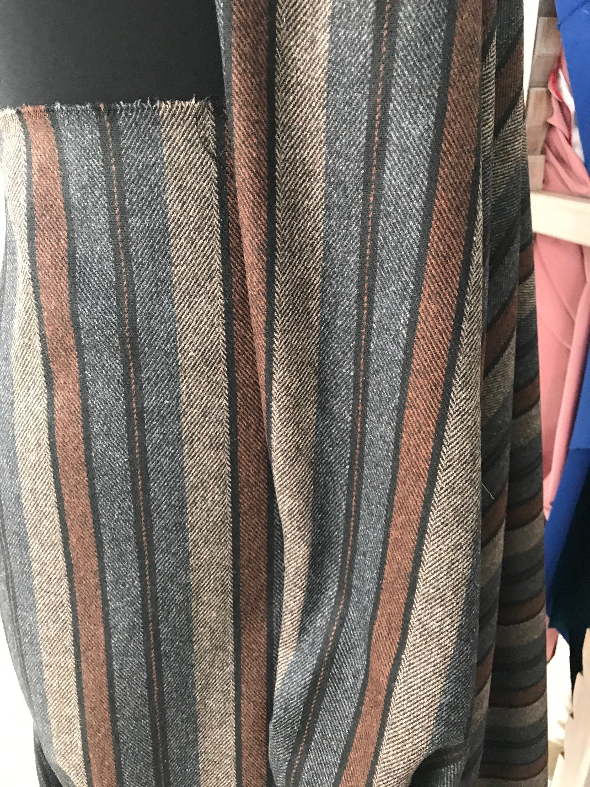 Grey brown stripe suiting fabric winter fabric wool mix wide stripes herring bone weave
