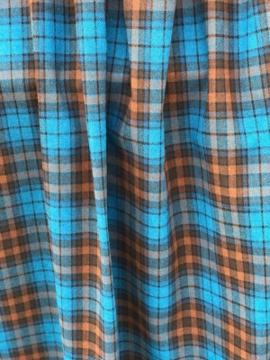 blue on brown tartan check fabric, acrylic, 150cm 60 inches wide suiting, pants skirt fabric, teal blue on brown