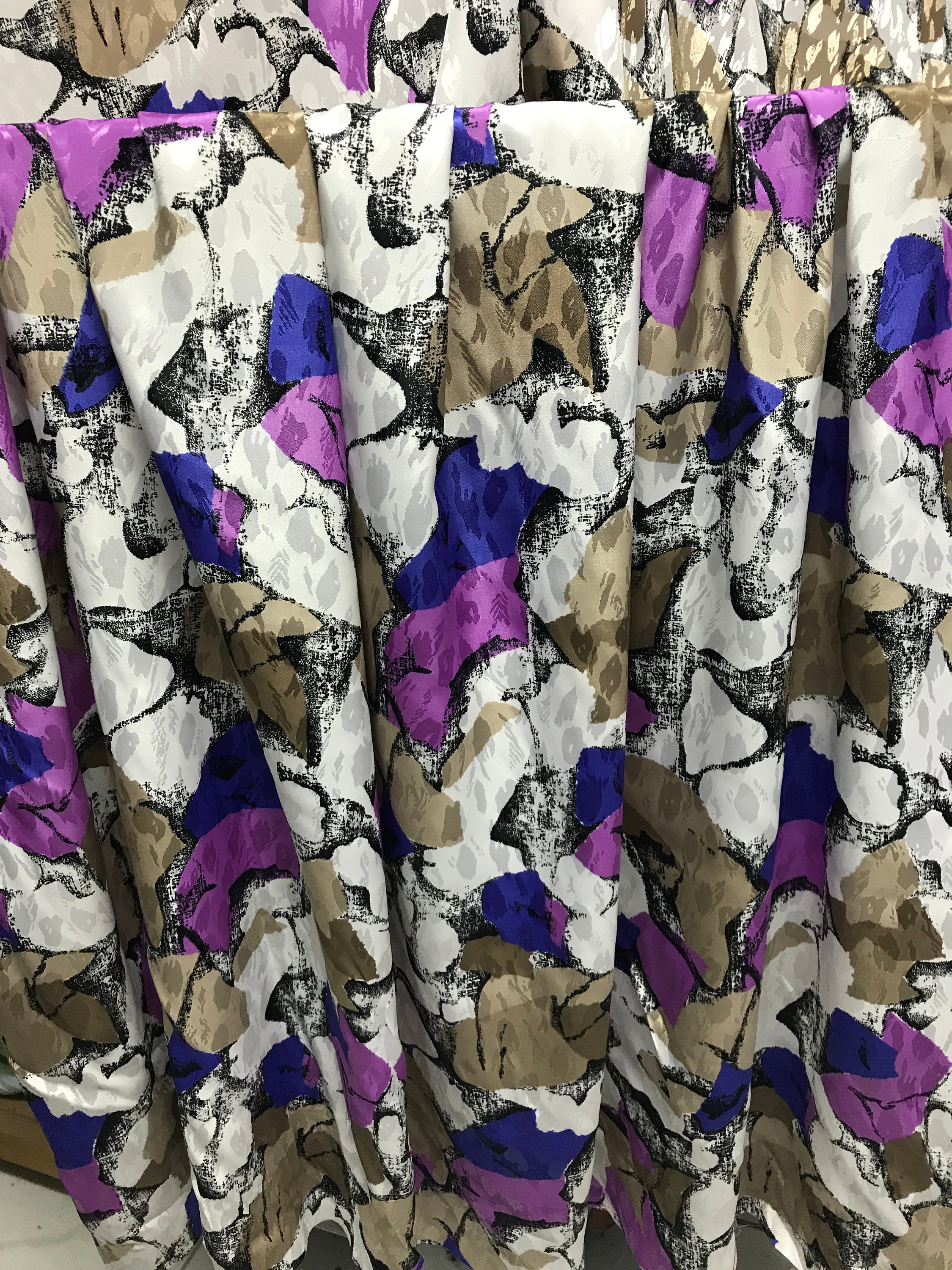 polyester print fabric jacquard base abstract print purple pink white 140cm wide