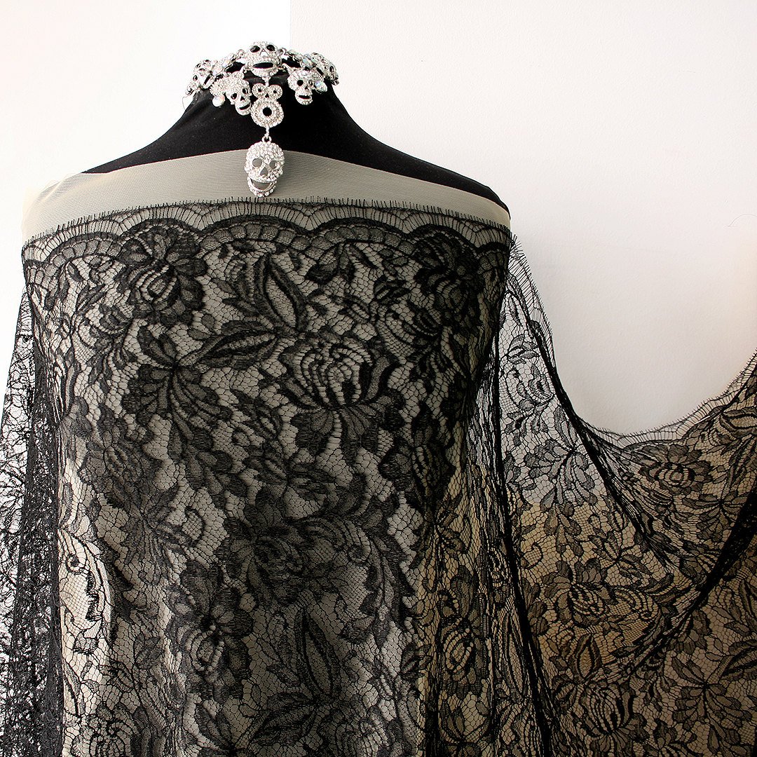 BLACK Corded Lace Fabric Material Craft Dress Sleeves Cutwork Wedding Gothic 