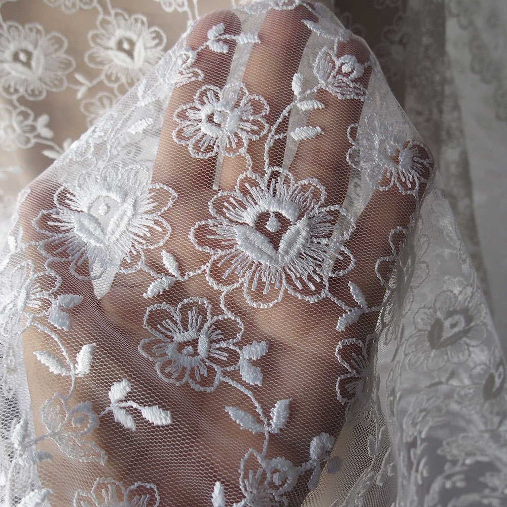 Ivory off white bridal lace fabric Tulle Netting floral lace Embroidered Fabric veiling scallop edging both sides  120cm 45 inches wide