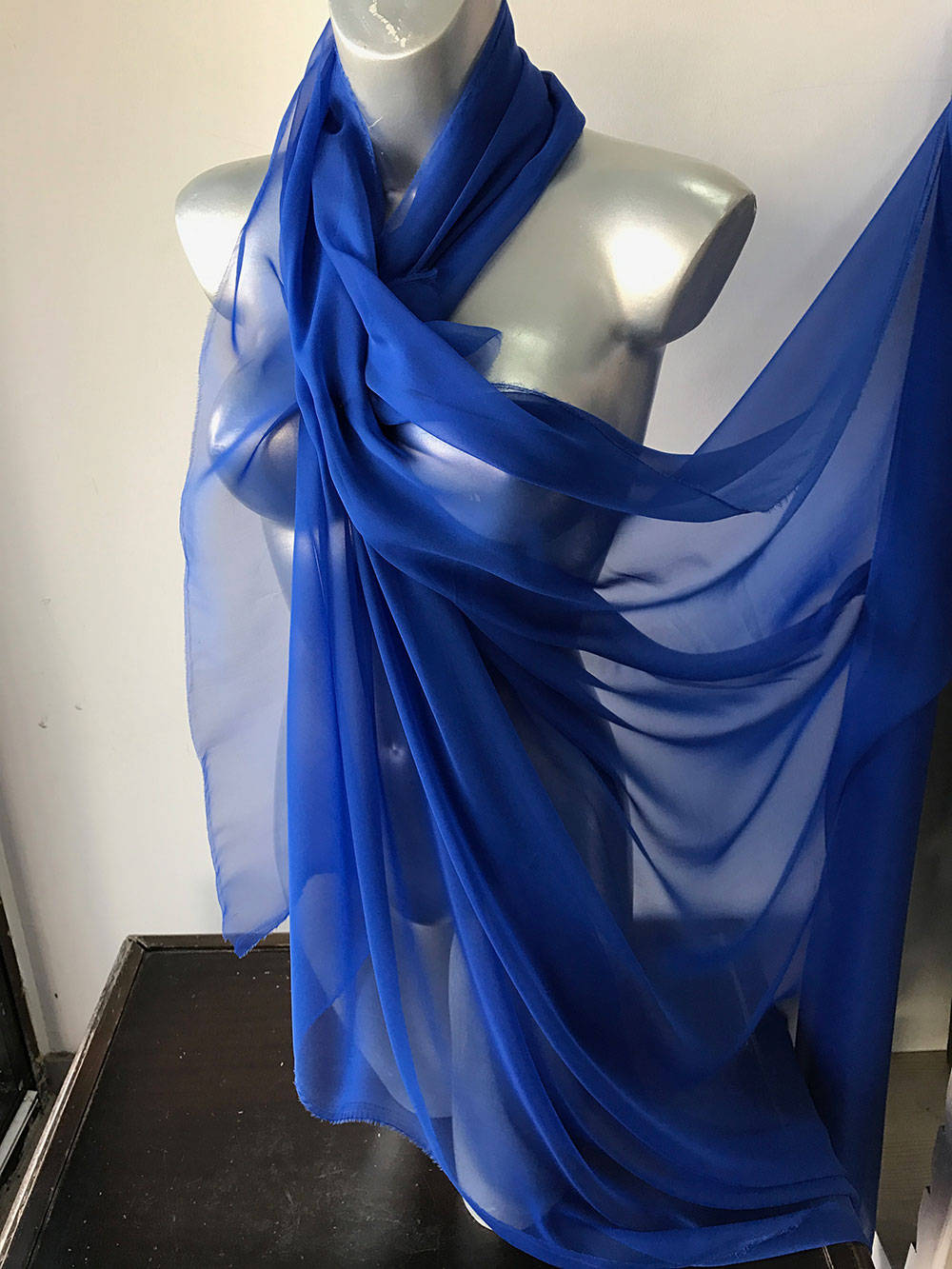 Silk chiffon fabric blue semi opaque 140cm wide