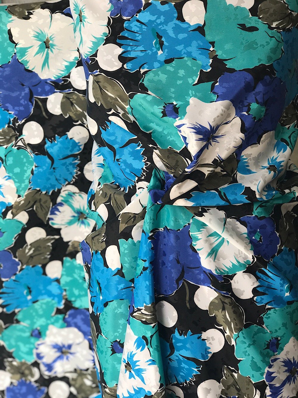 polyester print fabric jacquard base floral green  blue white 140cm wide