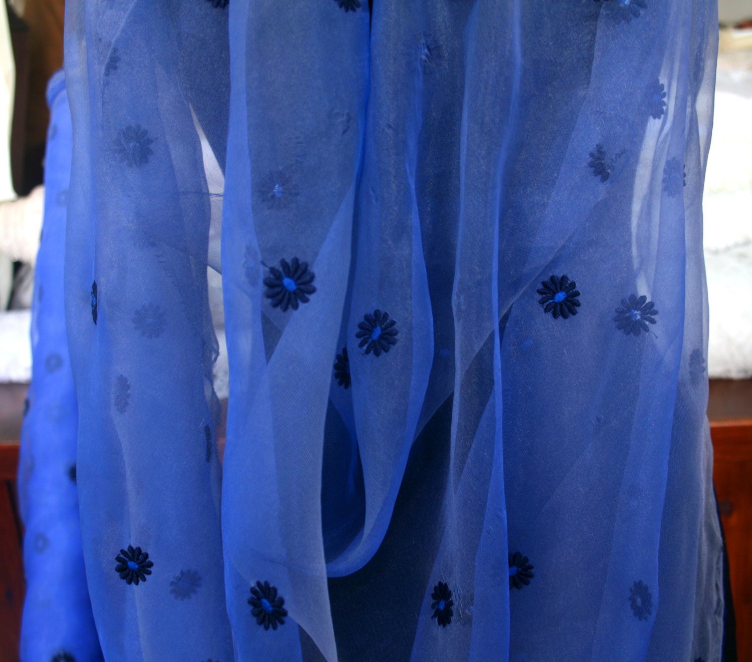 shiny  blue organza fabric two tone royal blue with daisy shaped embroidery bridal prom etherial