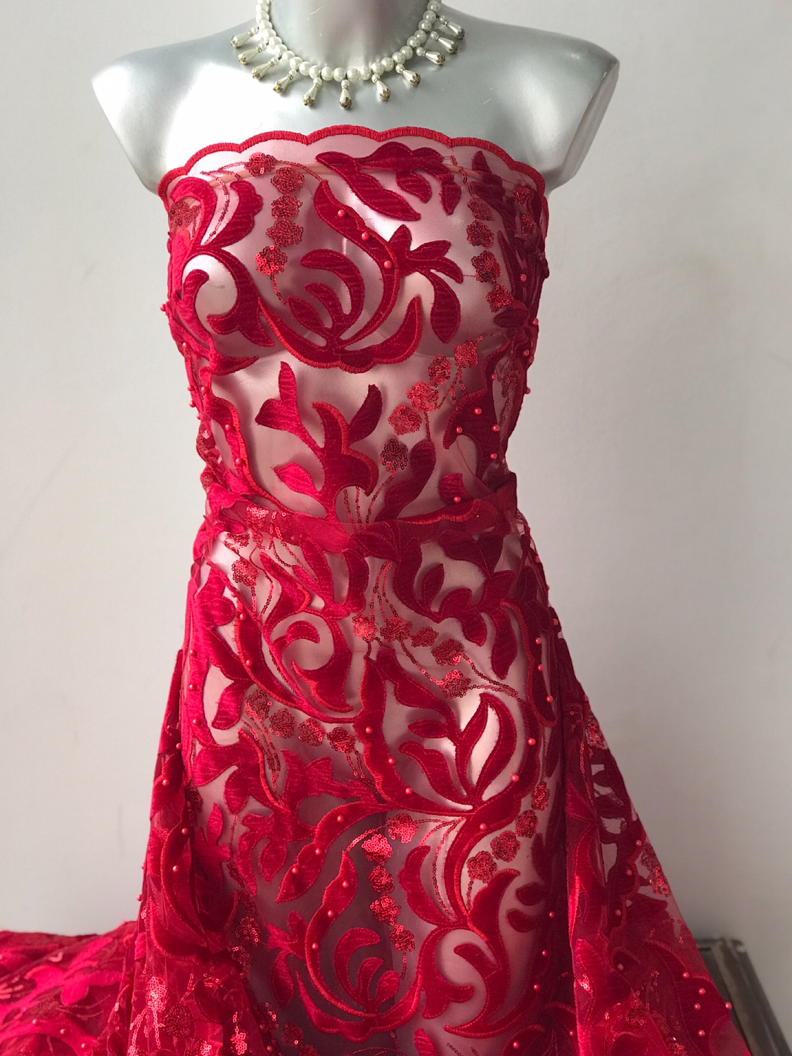 Red Sequins Embroidered Stretch Velvet Rodeo Prom Couture Fabric