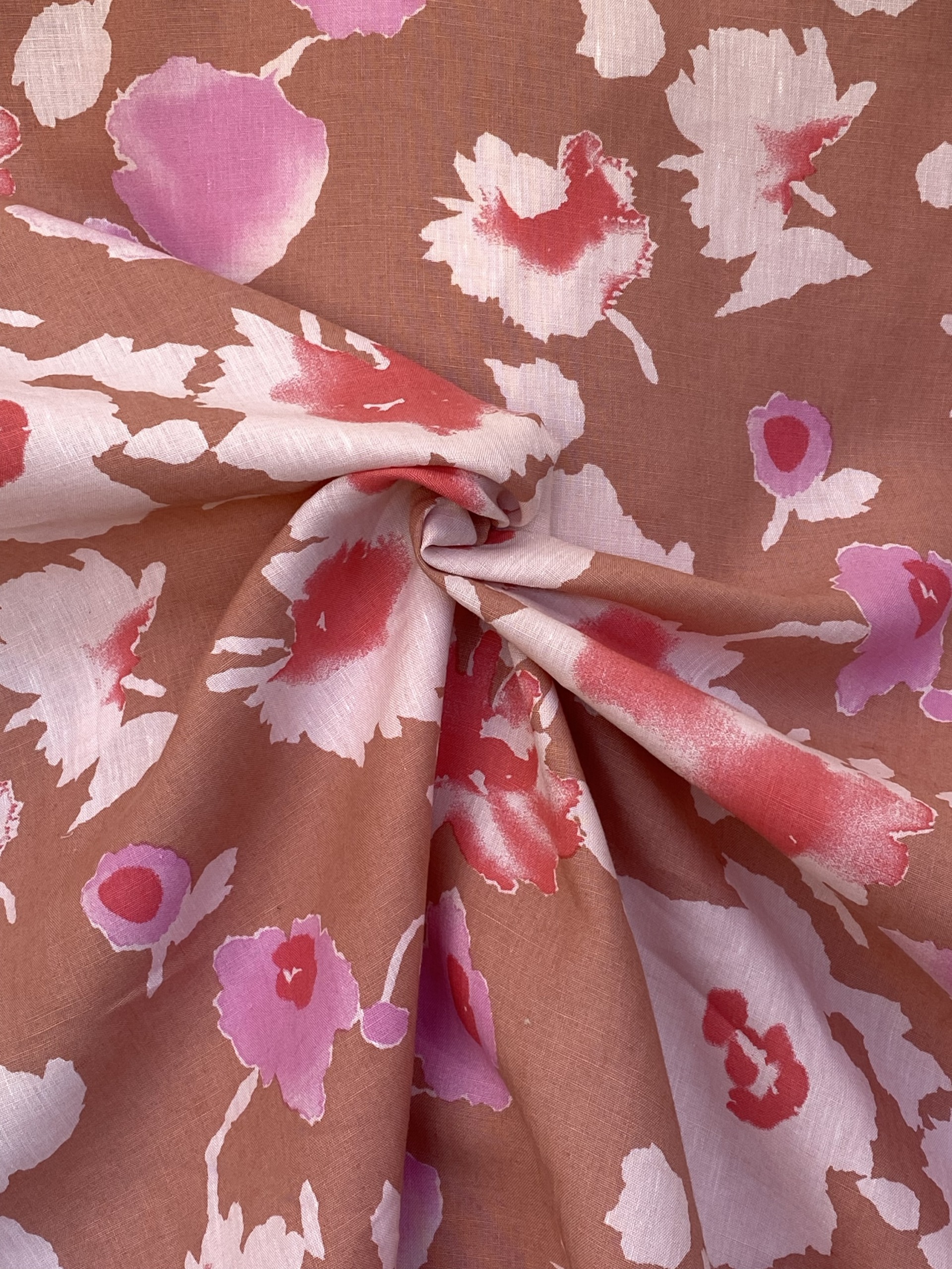 3 mtr tan colour floral print  flower linen viscose dress fabric 58”wide 147cm 